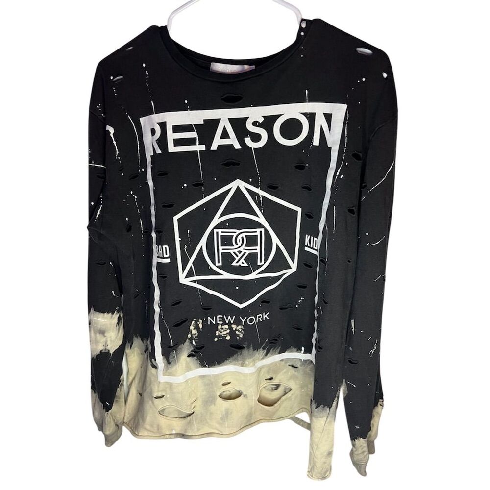 REASON Men's Kingston Distressed Graphic Print Shirt Black Size L